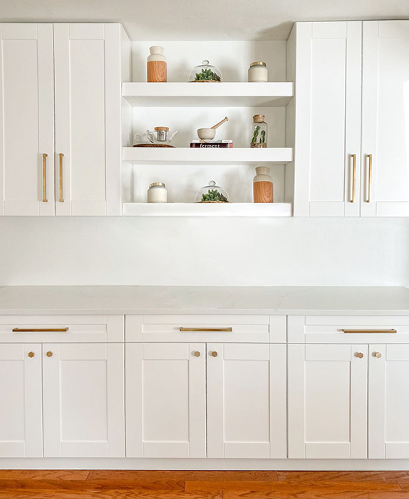 Shaker Kitchen Cabinets | White and Golden fittings